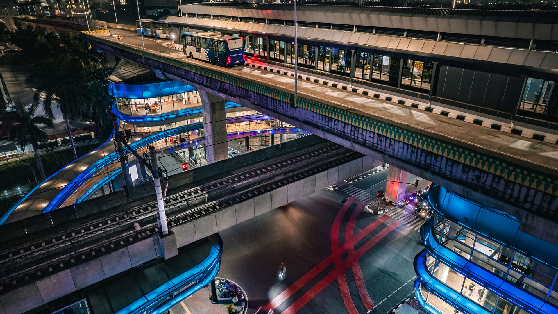 Traffic cross roads & rails in the evening