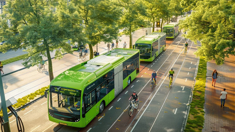 Green busses and cyclists
