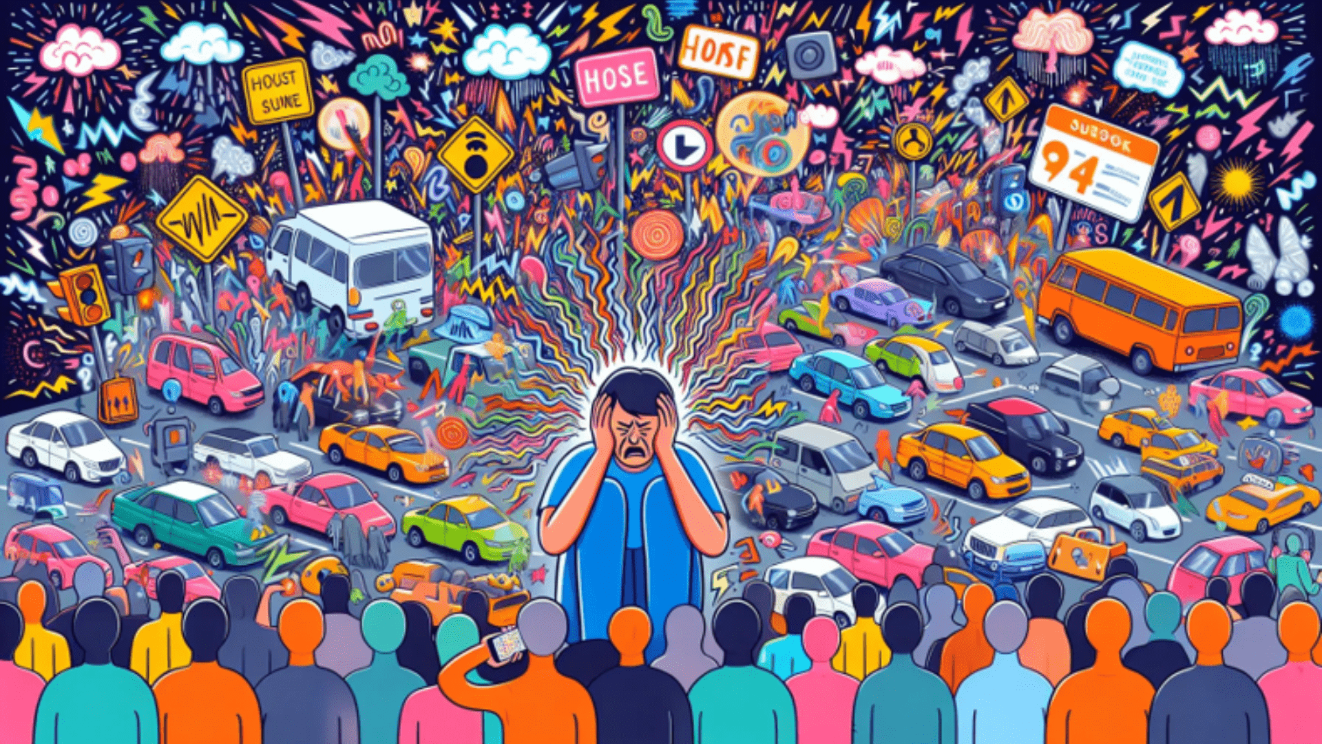drawing of a man being overwhelmed by too many cars and people