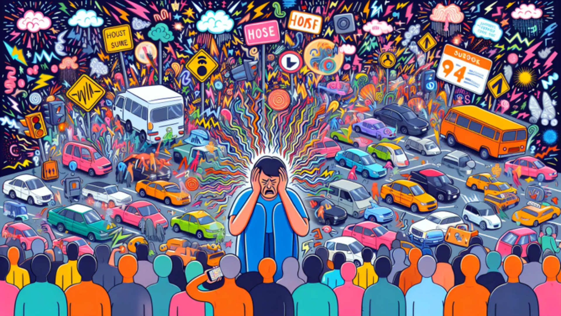 drawing of a man being overwhelmed by too many cars and people