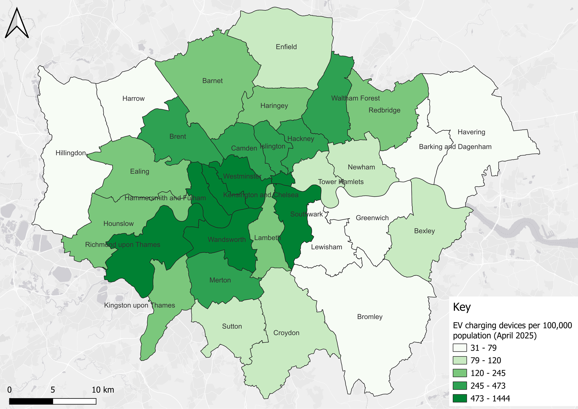 EV charging devices per 100,000 across Greater London