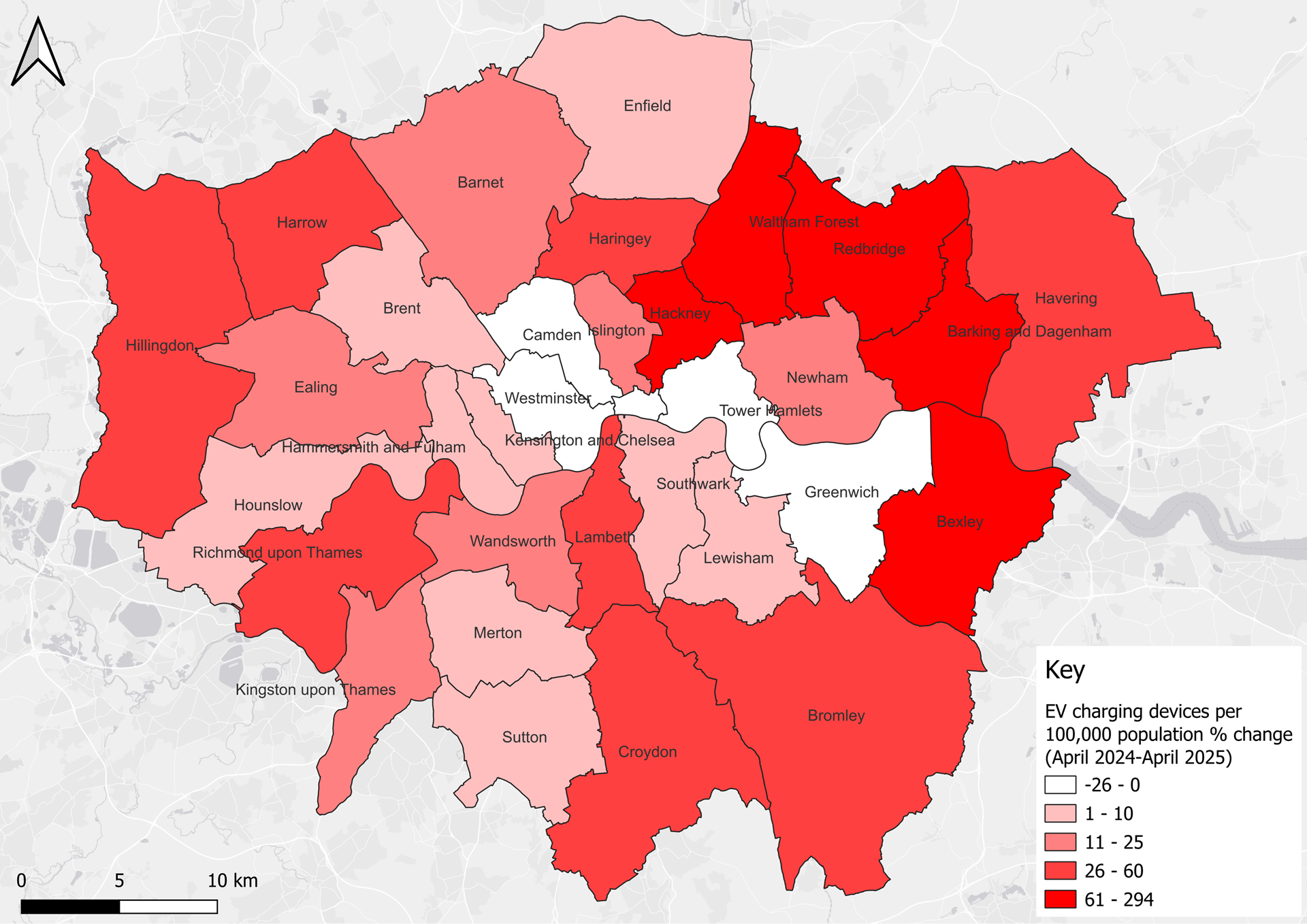 % change in charging devices across Greater London