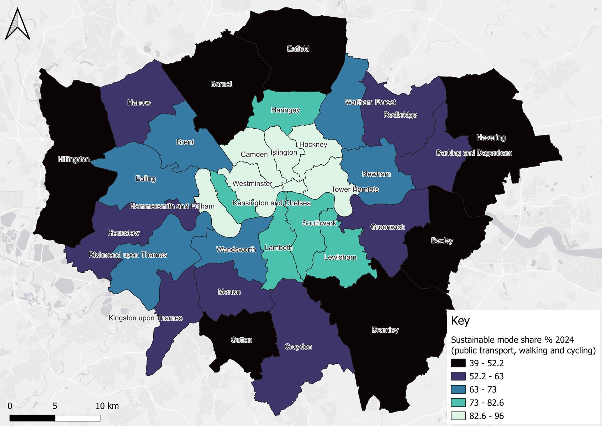 Sustainable mode share % across Greater London