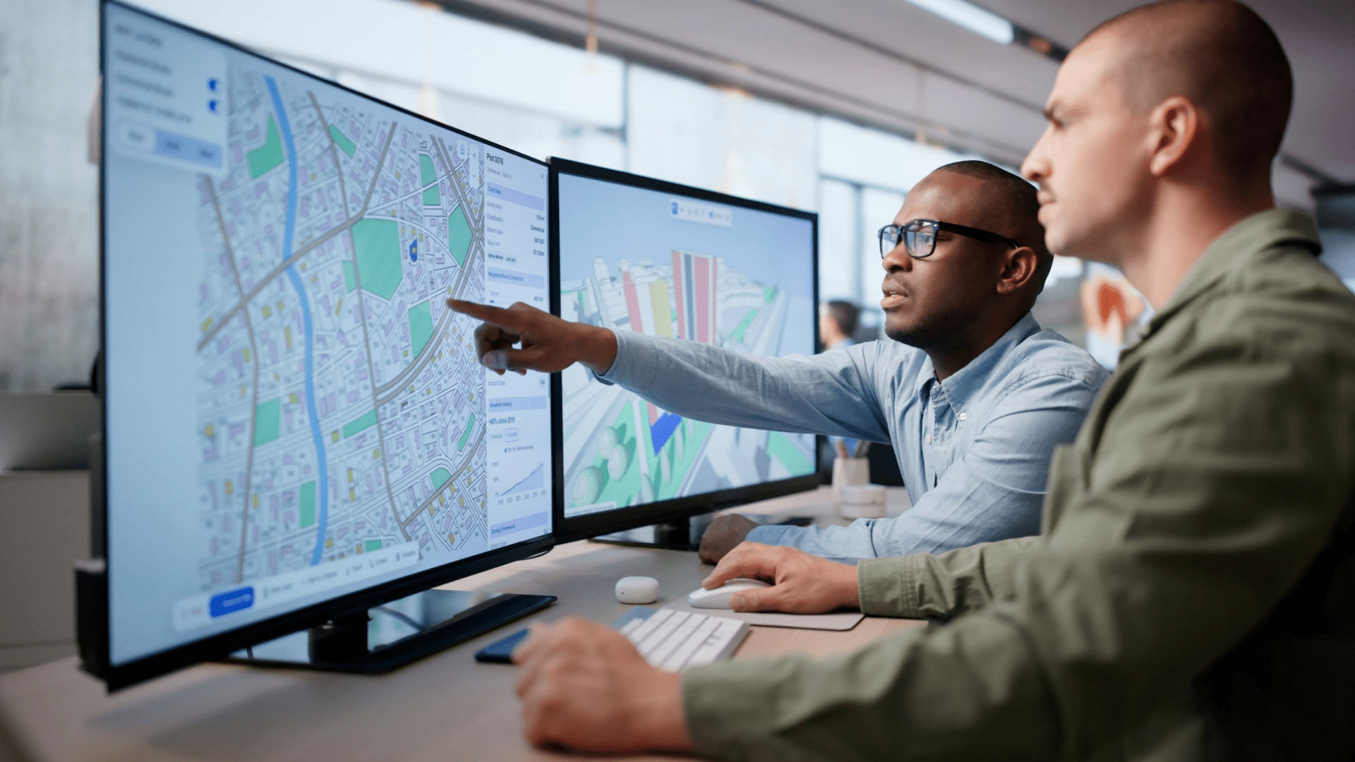 Professionals collaborating on digital planning and mapping software, reviewing urban development data on large computer screens.