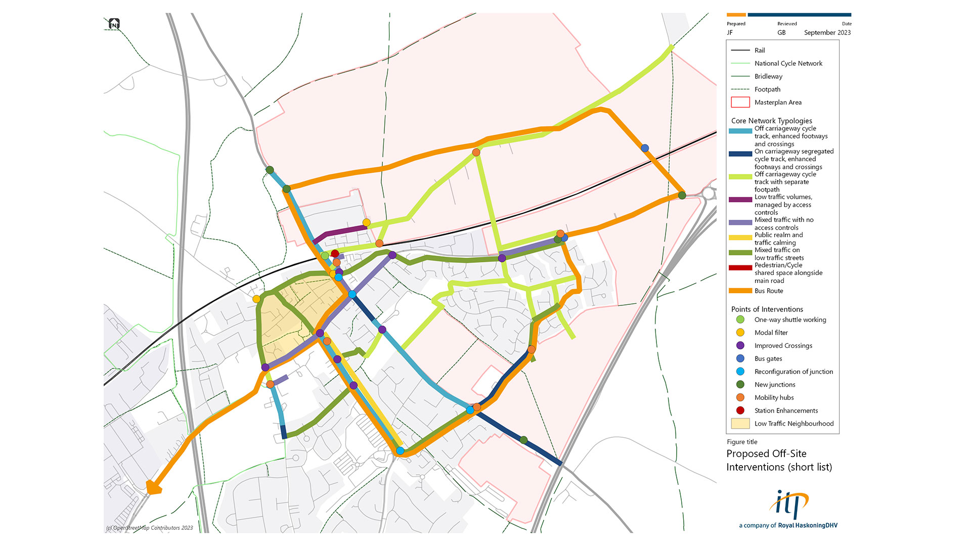 A map showing proposals for a range of transport related interventions in the town of Baldock in Hertfordshire. The interventions help to connect four development sites with the existing town, and include measures such as bus routes, shuttle working systems, low-traffic streets, active travel corridors and traffic calming. Each intervention is shown by a different coloured line or point on the map.