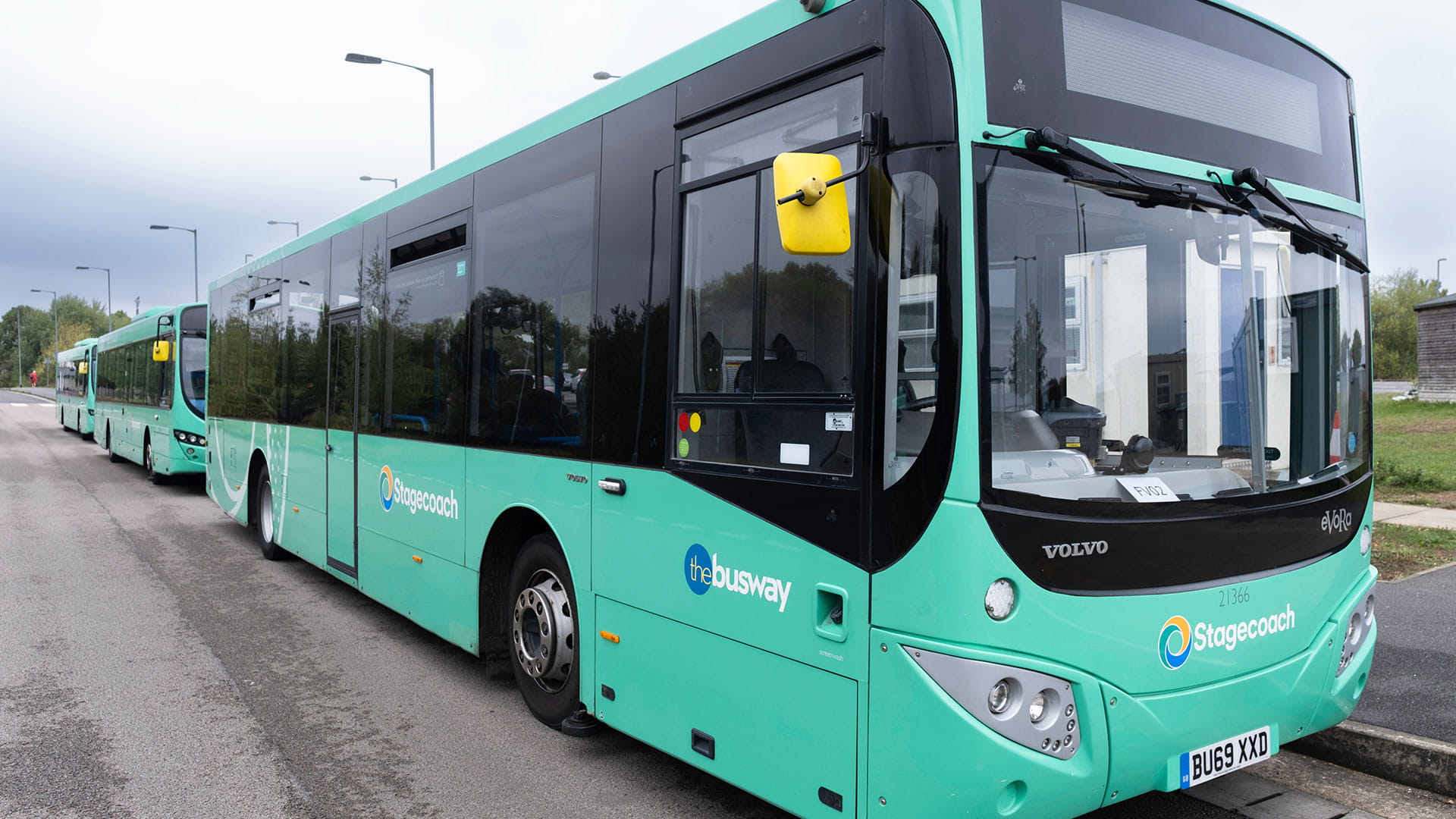 Three turquoise buses in a line with the Stagecoach branding and the word the busway on the livery